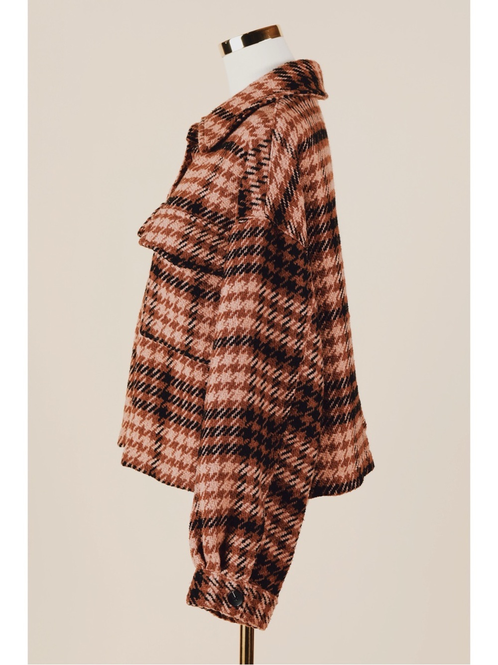 Sz L Altar’d State Relaxed Oversized Cropped Brown & Tan Houndstooth Shacket EUC - Picture 2 of 5